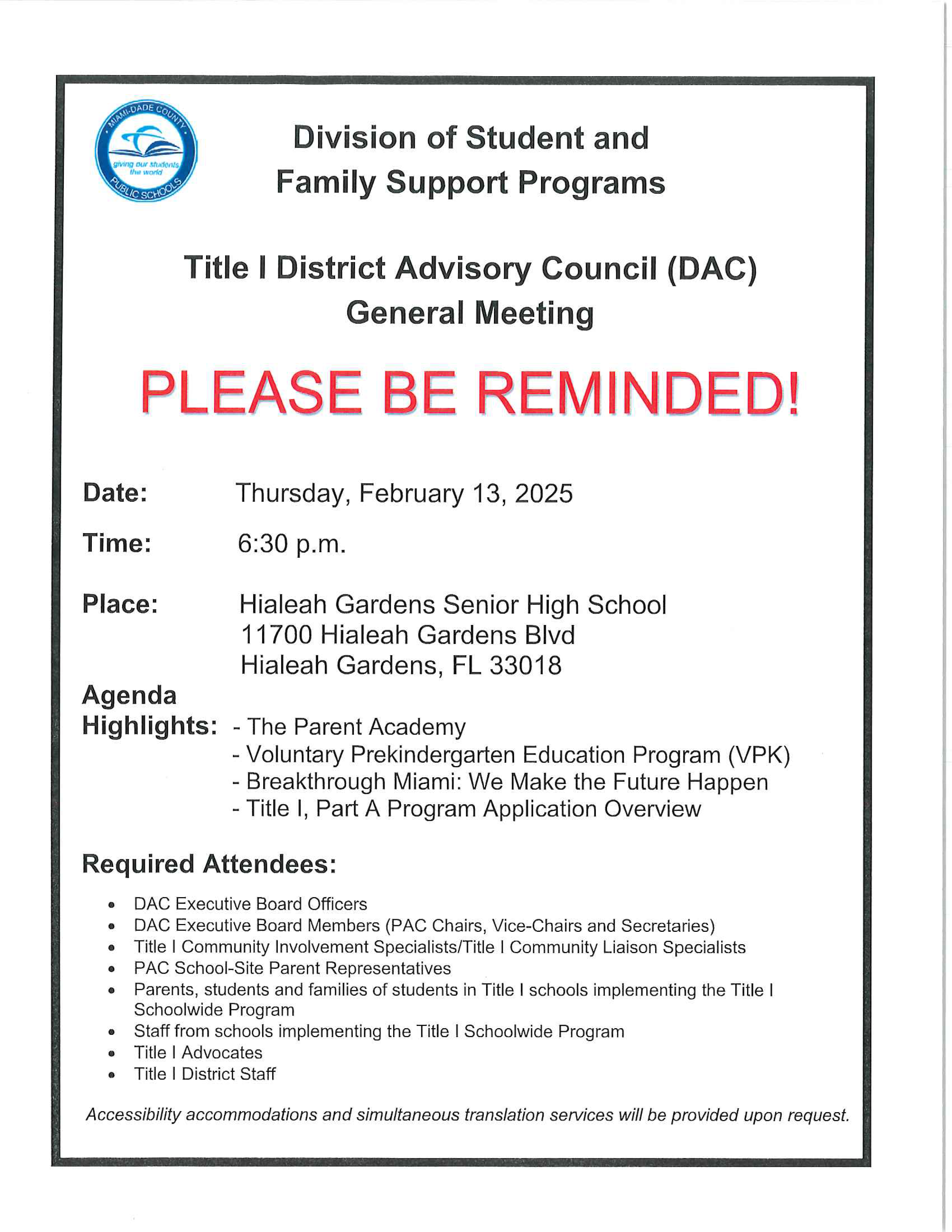 Title I District Advisory Council (DAC) General Meeting @ Hialeah Gardens Senior High | Hialeah Gardens | Florida | United States