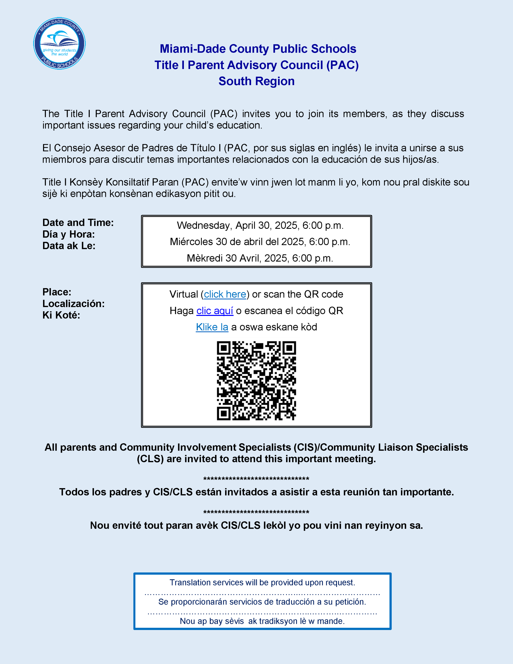 Title I Parent Advisory Council (PAC)  @ Virtual